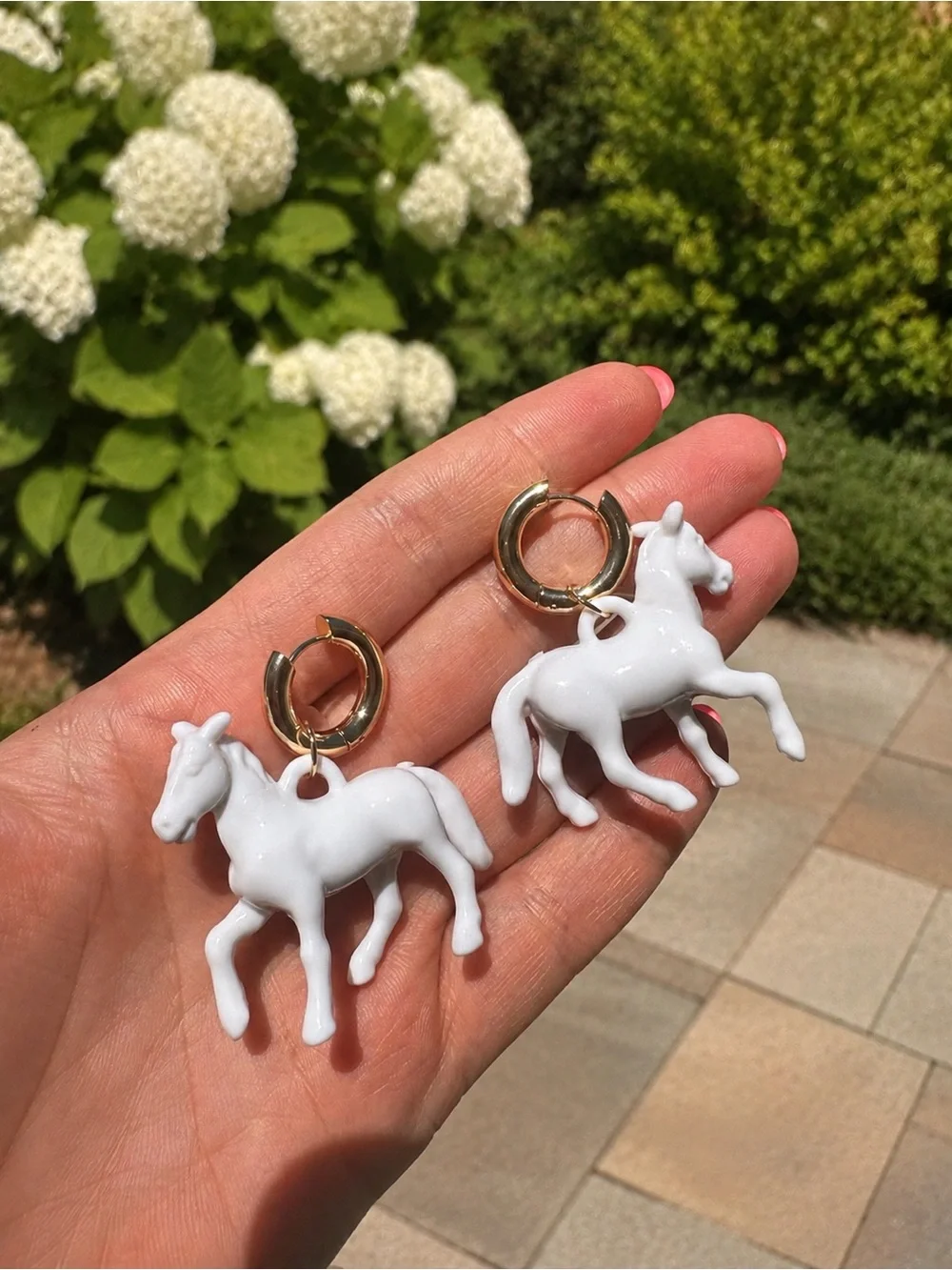 White Horse Charm Hoop Earrings with Gold Hoops